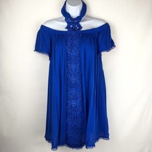 Entro Blue Boho Neck Tie Off the Shoulder Top Small